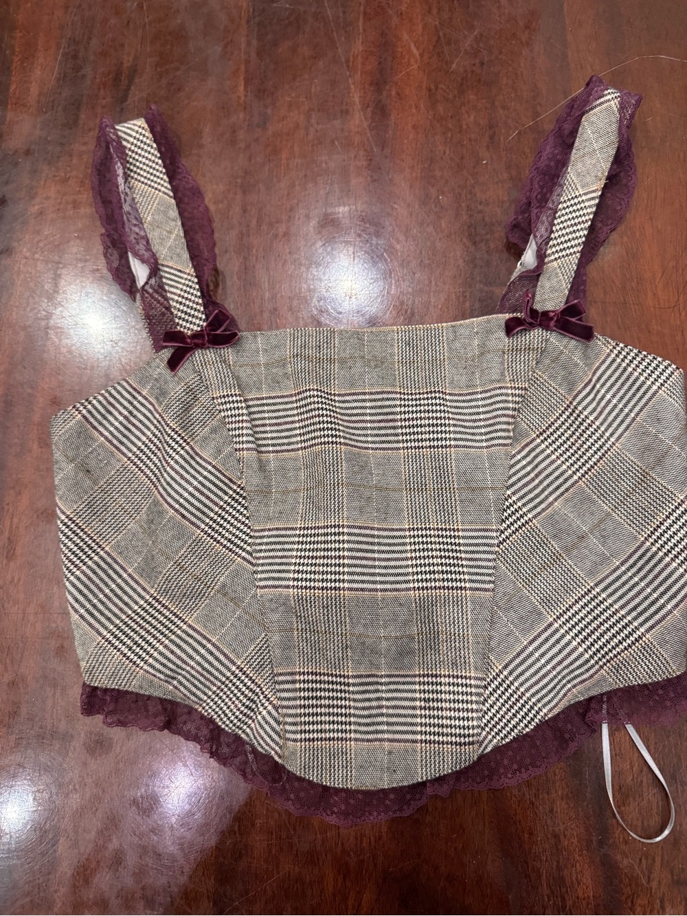 Plaid Lace-Trim Cami with Burgundy Accents